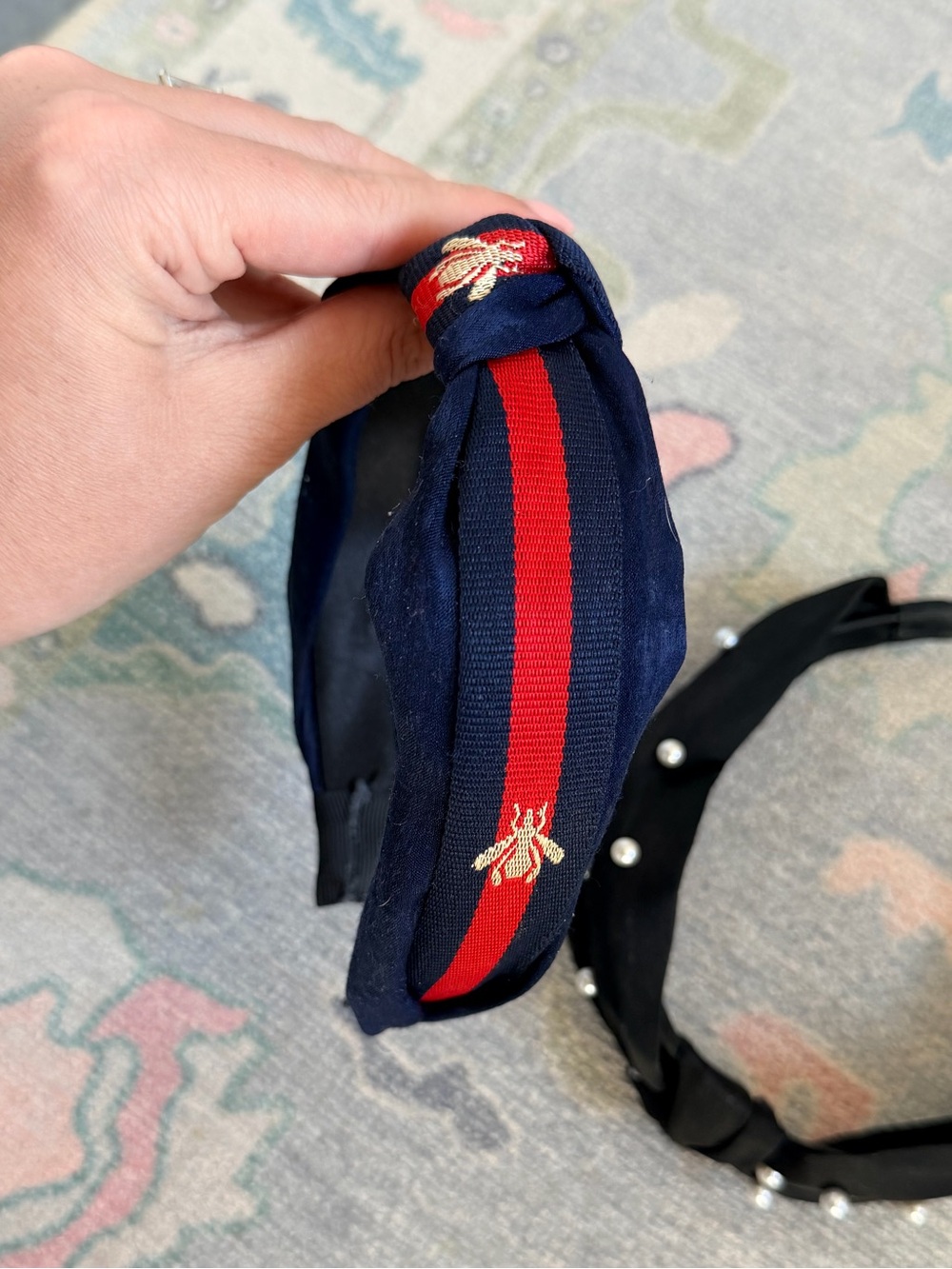 Navy Red Stripe Embroidered Bee Knot Headband